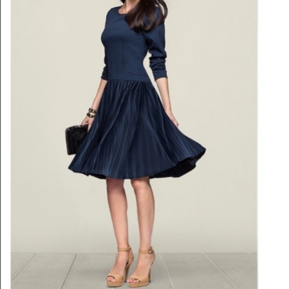 Venus Navy Pleated Long Sleeve Fit And Flare Dress - Picture 3 of 5